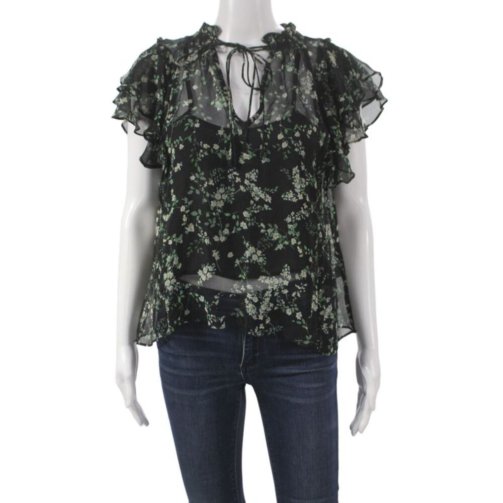 Secret Mission Womens Black Silk V-Neck Floral Tunic Blouse Cap Sleeve Size S